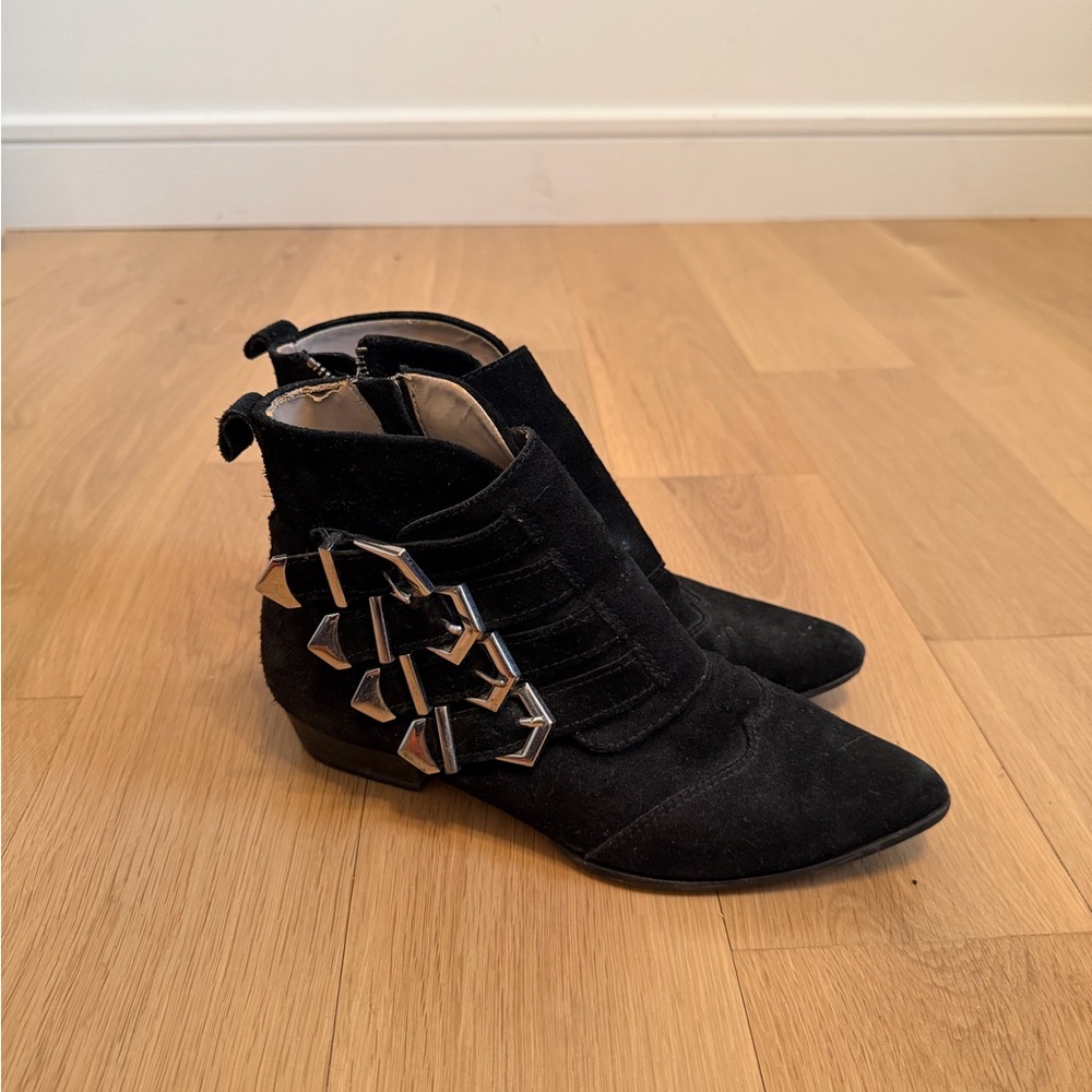 Zara Black Suede Chloe Inspired Ankle Boots – Silver Buckle Detail EU 37 6.5 7